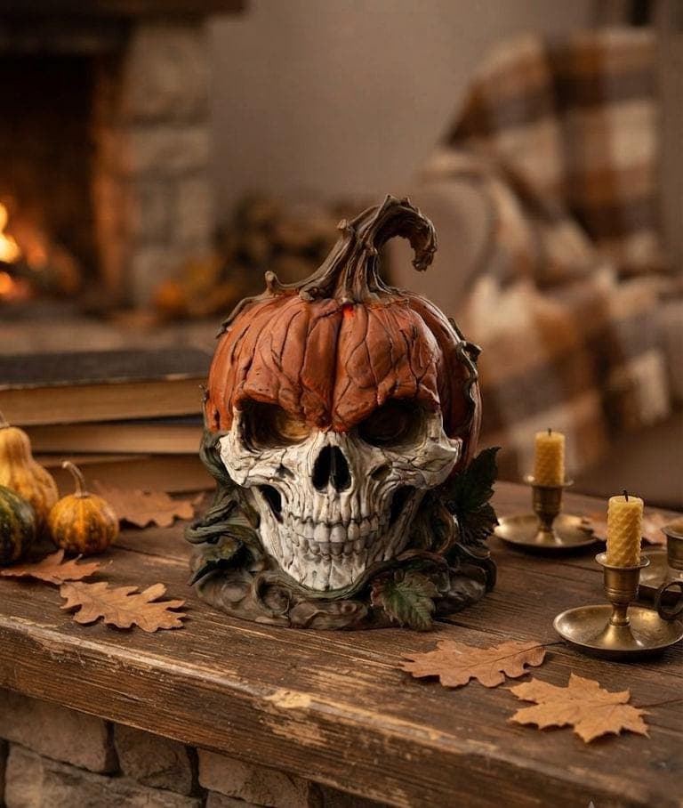 Hand-Painted Pumpkin Skull Sculpture