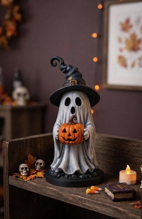 Hand Painted Ghost with Pumpkin Halloween Decor