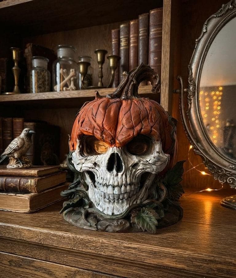 Hand Painted Pumpkin Skull Sculpture